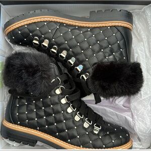 I.N.C. Black leather Quilted Women's Boots with Faux Fur Trim